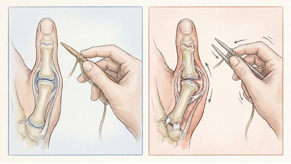 Medizinische Illustration eines gesunden und eines arthritischen Daumengelenks