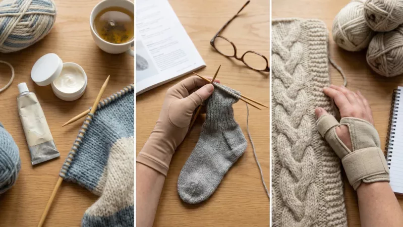 Strickprojekte, Handcreme, Kompressionshandschuhe und eine Handgelenkbandage